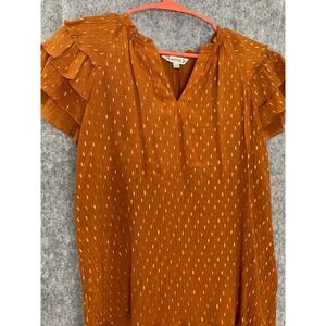 Nanette Lepore‎ Rust Orange Blouse Ruffle Sleeve Gold Dot Textured Top Women's M